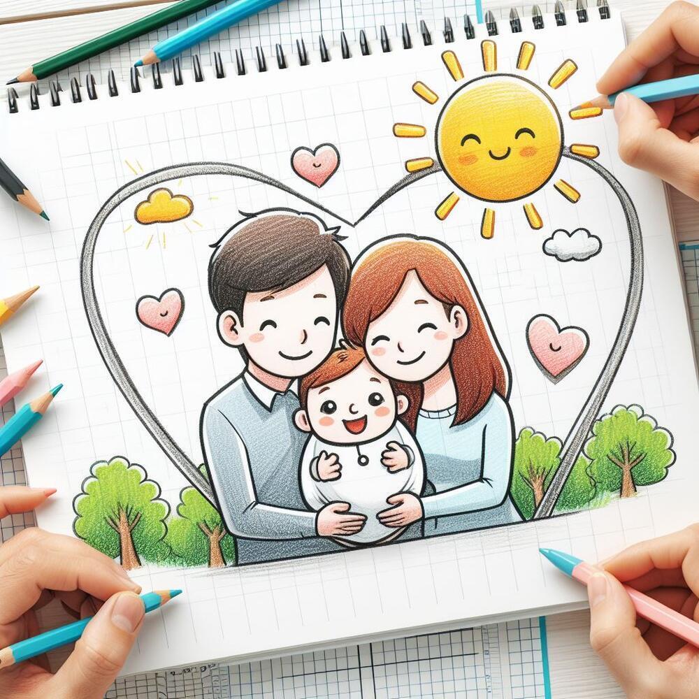 Drawing of a family with a baby inside a heart, with coloured pencils around